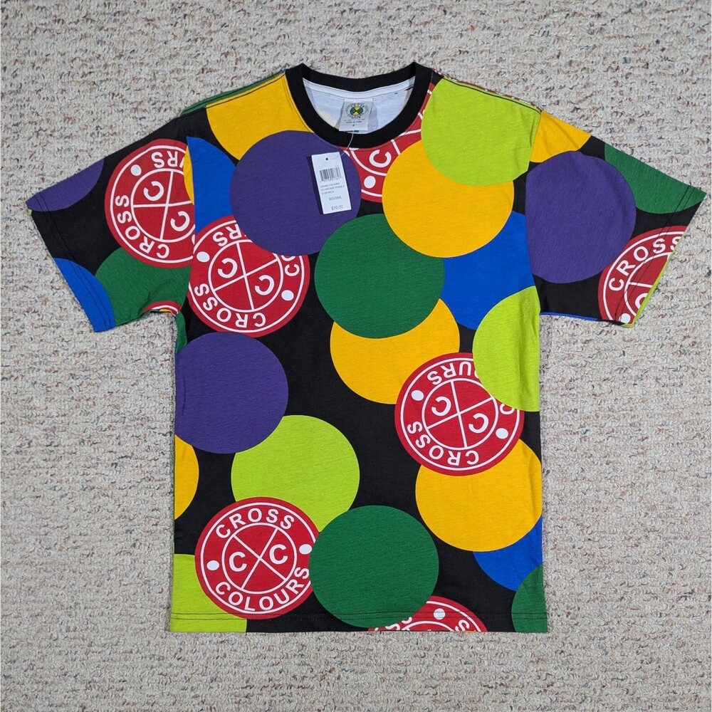 Cross Colours T-Shirt Mens SMALL Posse Circles Polka Dot Streetwear Hip-Hop Tee